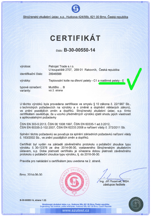 Certifikát teplovodních kotlů na rostlinné pelety